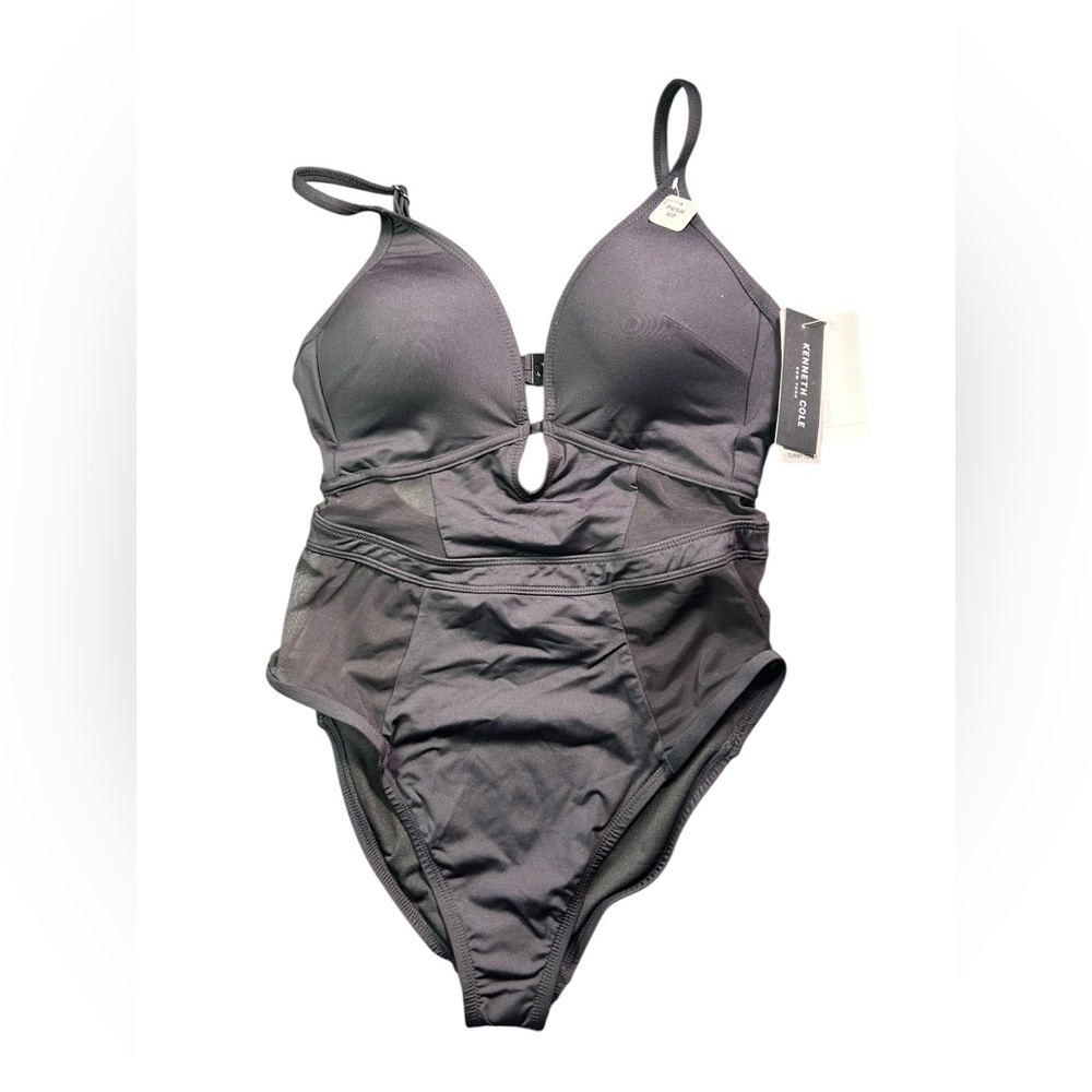 KENNETH COLE black push up mesh side panels V plunge one piece swimsuit NWT